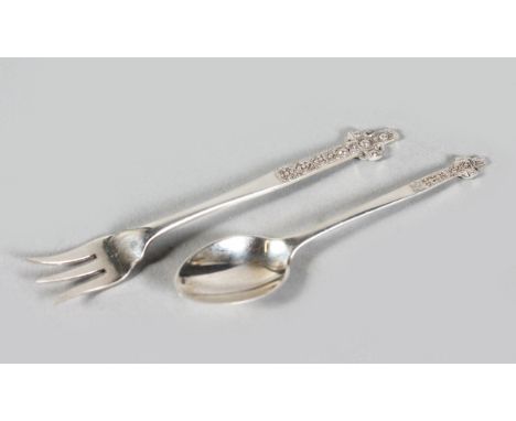 OBAN. A CELTIC CROSS TEASPOON, plus a Celtic Cross fork, by Robert LINDSEY. Sheffield marks for 1929.