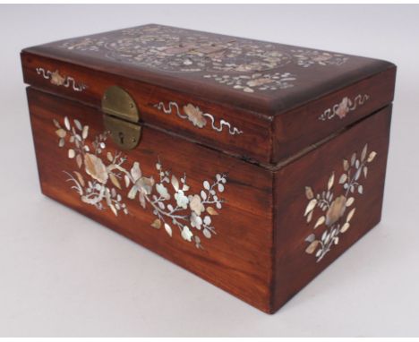 AN EARLY 20TH CENTURY CHINESE MOTHER-OF-PEARL INLAID RECTANGULAR WOOD BOX, with a hinged cover, 11.25in x 6.5in x 5.9in high.