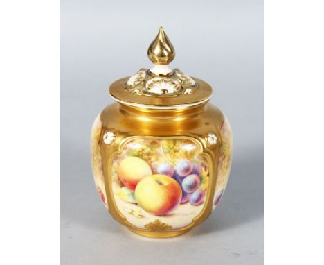 A FINE ROYAL WORCESTER POTPOURRI AND COVER painted with fruit by P. Platts, signed, black mark.