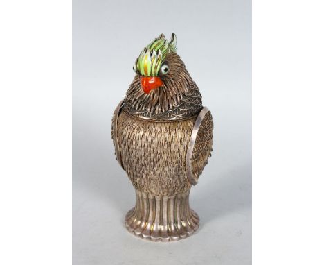 A CONTINENTAL SILVER METAL PARROT with enamel. 6ins high.