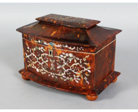 A VERY GOOD REGENCY TORTOISESHELL AND MOTHER-OF-PEARL BOWFRONTED TWO-DIVISION TEA CADDY, inlaid with mother-of-pearl, support