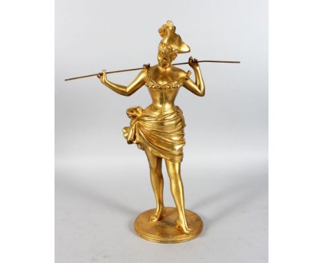 VAN DER STRACLEY, A CAST METAL FIGURE OF A DANCER, holding a stick behind her head, on a circular base. 19.5ins high.