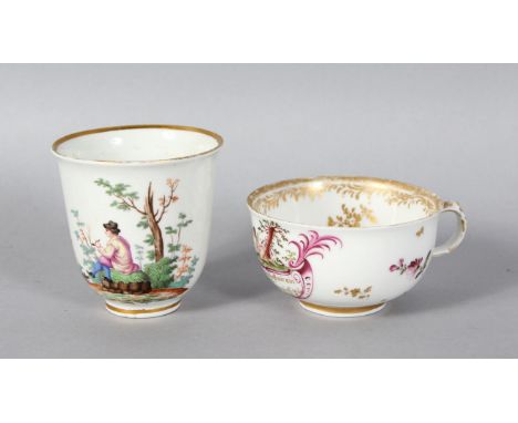 A FINE 18TH CENTURY VIENNA BEAKER, painted one side with a rural woman and the other with a man smoking a pipe and a Vienna t