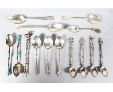 A QUANTITY OF COFFEE SPOONS, three further coffee spoons and two enamel spoons.