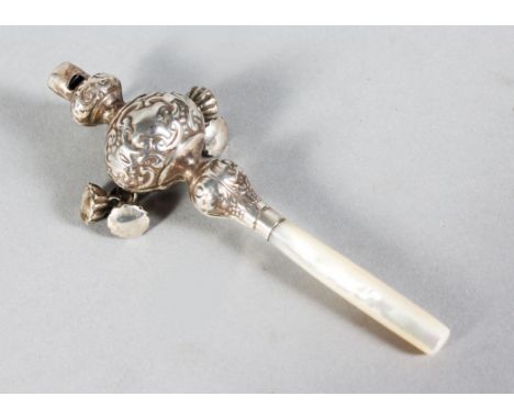 A SILVER AND MOTHER-OF-PEARL RATTLE.