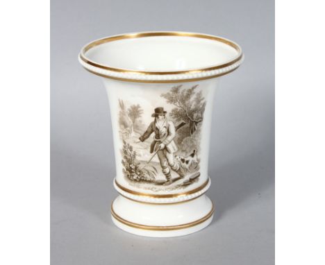 A FINE 19TH CENTURY SPODE SPILL VASE, bat printed with a hunting scene with man and a dog.