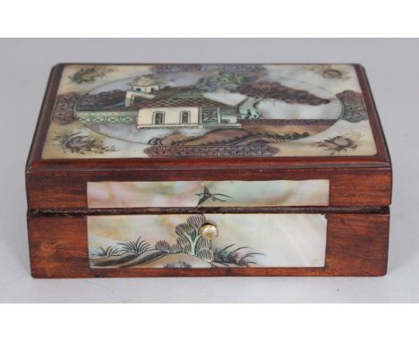 AN EARLY 20TH CENTURY CHINESE INLAID RECTANGULAR WOOD BOX, the hinged cover and sides decorated with engraved mother-of-pearl