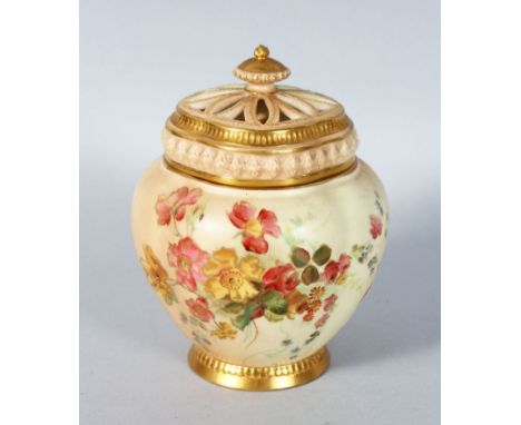 A ROYAL WORCESTER BLUSH IVORY POTPOURRI AND TWO COVERS, painted with flowers on a blush ivory ground, c. 1903.