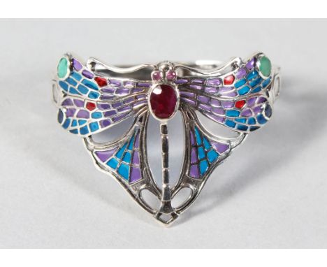 A SILVER, RUBY, EMERALD AND SAPPHIRE PLIQUE ENAMEL DRAGONFLY SHAPE BANGLE.