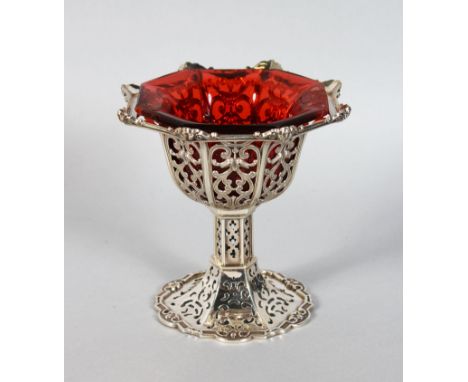 A VICTORIAN PIERCED HEXAGONAL PEDESTAL SUGAR BASIN with glass liner. 5ins high.  Sheffield 1849.  Maker: F. W. & Co.