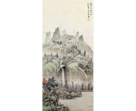 A CHINESE HANGING SCROLL PICTURE, depicting a mountainous river landscape setting, the picture itself approx. 36.5in x 16.5in