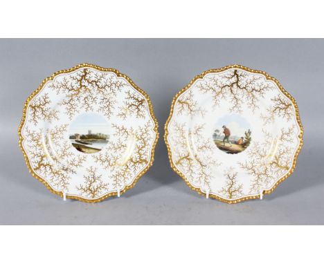 A GOOD PAIR OF EARLY 19TH CENTURY WORCESTER FLIGHT BARR AND BARR PLATES, with painted scenes within a seaweed ground, one pla