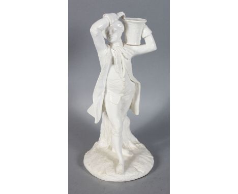 A ROYAL WORCESTER WHITE GLAZE PORCELAIN CANDLESTICK, of a young man holding a basket. 11ins high.