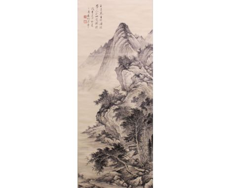 ANOTHER CHINESE HANGING SCROLL PICTURE, also depicting a mountainous river landscape setting, the picture itself approx. 38.5