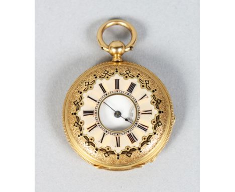 A LADIES 18CT GOLD AND ENAMEL HALF HUNTER POCKET WATCH, the movement engraved JEAN JAQUET, NEUCHATEL, No. 2714, with unusual 