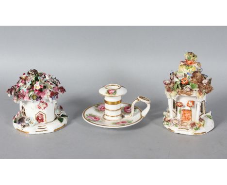 A 19TH CENTURY SPODE CHAMBERSTICK, painted with roses, marked Spode 2812, a Staffordshire porcelain cottage encrusted with fl