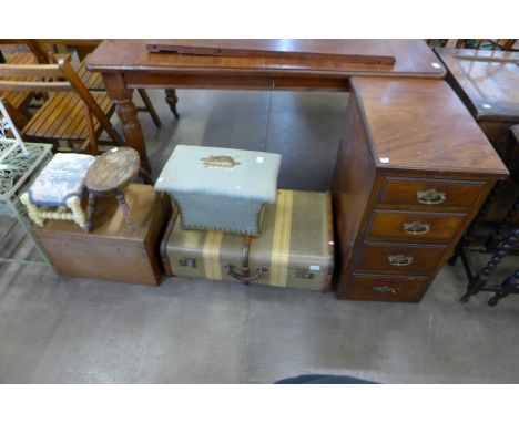 A vintage steamer trunk, an elm milking stool, a sewing box, etc. (9) 