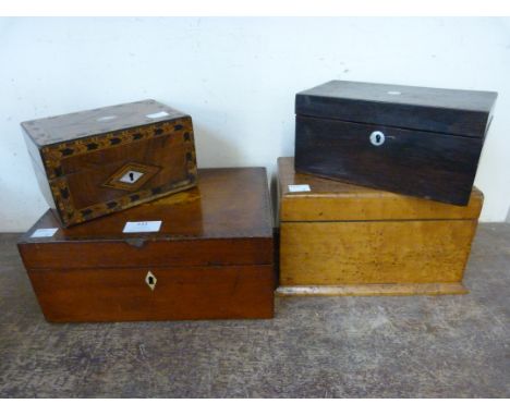 Two Victorian inlaid mahogany lady's jewellery boxes, a George III rosewood tea caddy and a bird's eye maple box 