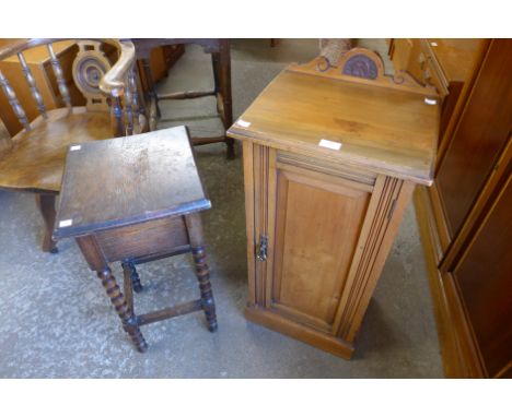 A Victorian birch pot cupboard and a small carved oak bobbin turned occasional table 