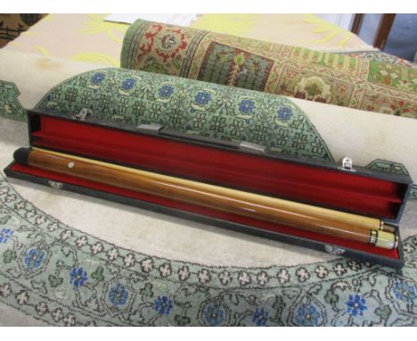 A snooker cue with mother of pearl inlaid and box 