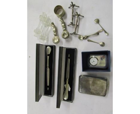 Mixed silver plate to include a pair of Chinese chopstick rests, knife rests, John Dixson &amp; Sons hip flask, two pewter le