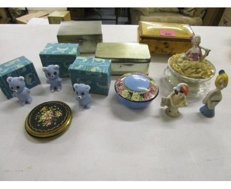 A mixed lot to include dressing table ornaments, boxes and other items, including a 1930s Goebel Art Deco pin cushion doll 