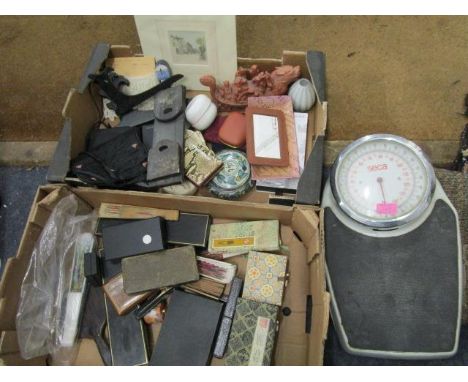 A mixed lot to include a Chinese lacquered folding book slide, various fans, boxes and other items to include bathroom scales