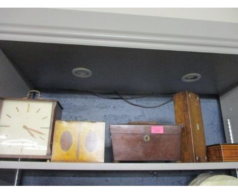 A vintage Smiths mantle clock and an inlaid wooden jewellery boxes, a Georgina mahogany tea caddy A/F and vintage tins 