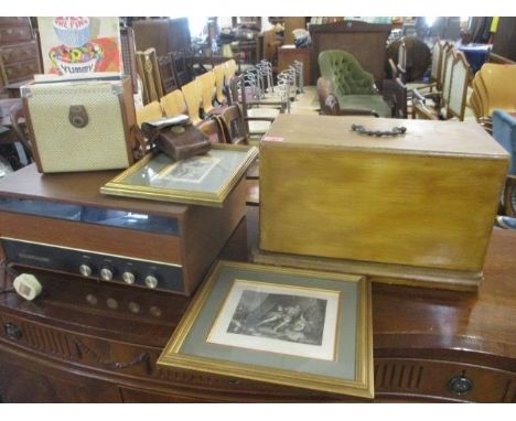 A mixed lot to include a manual sewing machine, a record player, records, prints and other items 