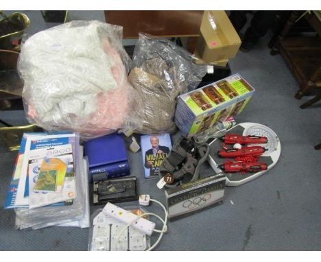 A mixed lot to include laminating items, throws, scales, bags, electrical items 