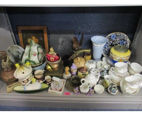 A bone china tea set, Wedgwood Peter Rabbit nursery china, vintage ceramics, a Wedgwood Esturia blue and white vase, a music 