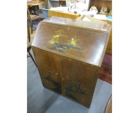 A mid 20th century walnut Japanned bureau having two cupboard doors revealing a fitted shelf, 39 1/2"h and 30 1/4"w 