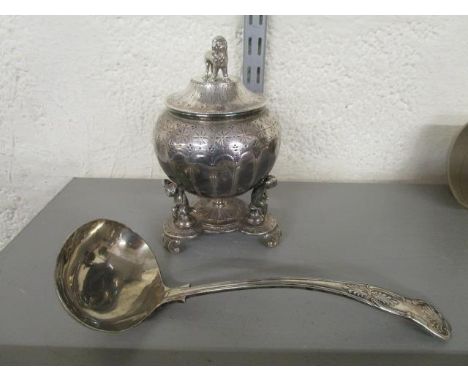 A Phillip Ashberry Victorian silver plated pot and cover, and a silver plated tureen ladle 