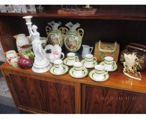 Three hunting jugs, vintage ceramics to include a Sylvac beetroot pot with lid, a pair of English painted vases, late 20th ce
