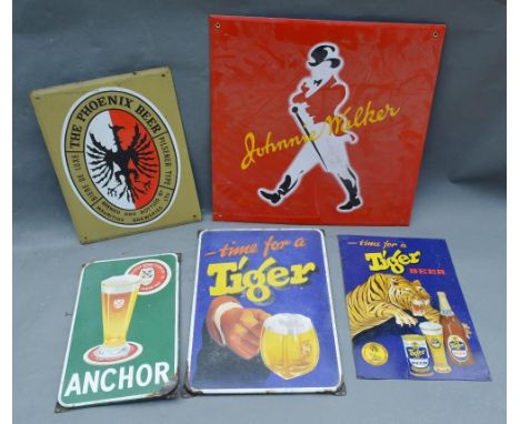 An Enamel Advertising Sign for Johnnie Walker, 50cm square, together with two similar for Tiger Beers, another for Anchor and