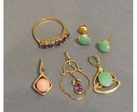 A 9 Carat Gold Amethyst Set Five Stone Ring, together with various pendants and a pair of ear studs 