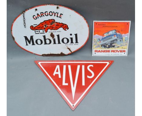 An Early Enamel Advertising Sign for Alvis of triangular form, 49cm wide, together with another similar oval advertising sign