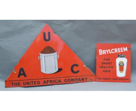 An Early Enamel Advertising Sign for Brylcreem, 45 x 41cm, together with another, The United Africa Company, 107cm wide 