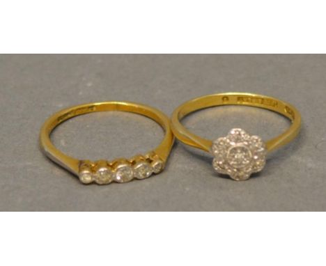 An 18 Carat Gold Diamond Cluster Ring, together with a similar 18 carat gold five stone diamond ring 