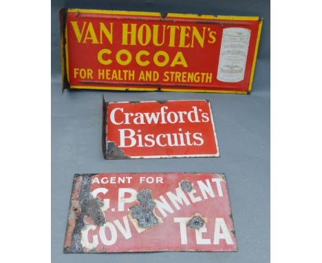 An Early Double Sided Enamel Advertising Sign for Van Houtens Cocoa, 24 x 56cm, together with two other similar advertising s