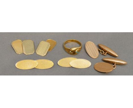 Three Pairs of 9 Carat Gold Cufflinks, together with a 9 carat gold ring, 14 grammes 