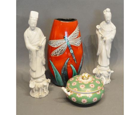 A Poole Pottery Vase Decorated with a Dragonfly together with a blue Derby sucrier and a pair of blanc de chine figures 