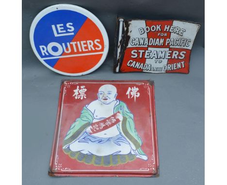 An Early Enamel Advertising Sign for Canadian Pacific, 30 x 40cm, together with another for Les Routiers and another 