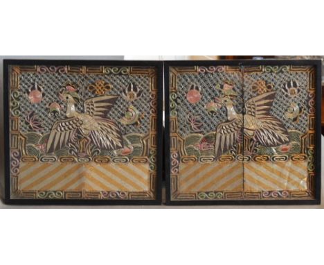 A Pair of Early Chinese Silver and Gold Thread Embroidered Panels, each depicting an exotic bird amongst foliage, 21.5 x 23cm