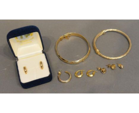 A Gold Plated Bangle, together with another similar, various hoop earrings and a pair of ear studs 