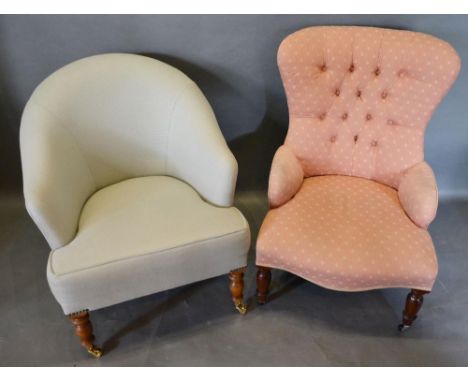 A 20th Century Tub Shaped Chair with turned legs, brass caps and castors, together with another similar button back low seat 