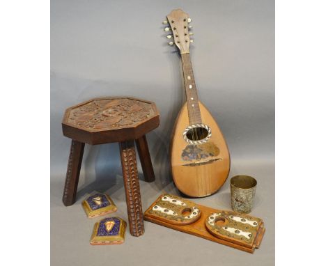 A Mandolin, together with a stool, and a folding book stand 