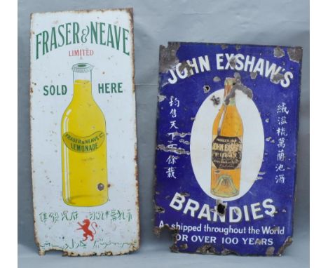 An Early Enamel Advertising Sign, Fraser and Neave Lemonade, 105 x 45cm, together with another similar, John Exshaw's Brandy,