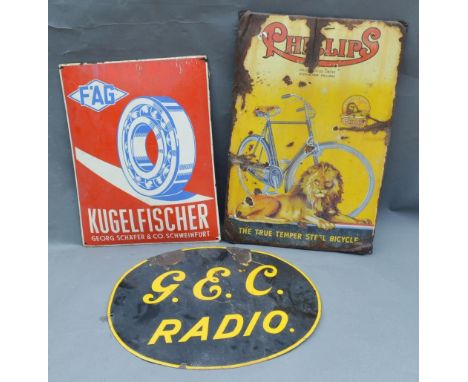 An Early Enamel Advertising Sign for Phillips Bicycles, 72 x 47cm, together with another oval sign for GEC Radio and another 