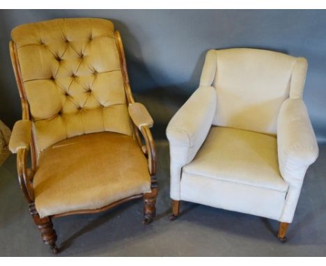 A Victorian Button Upholstered Drawing Room Armchair, together with another similar upholstered armchair 